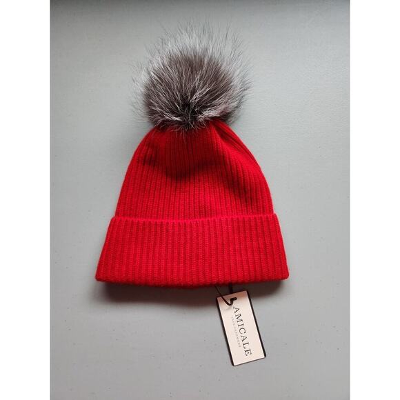 NWT Amicale Cashmere CHUNKY RIBBED CASHMERE HAT With FUR POM Red - Picture 2 of 8